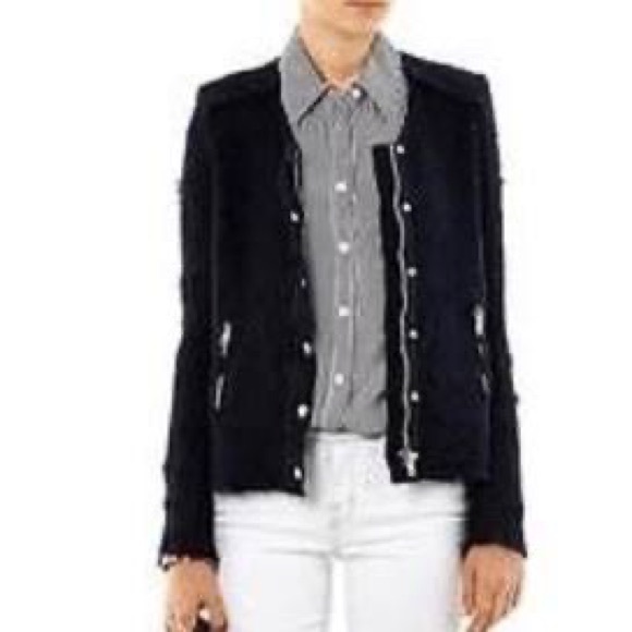 IRO Navy Blue Distressed Tweed Boucle Aggy Button Snap Zipper Jacket Size 8 - Picture 12 of 12